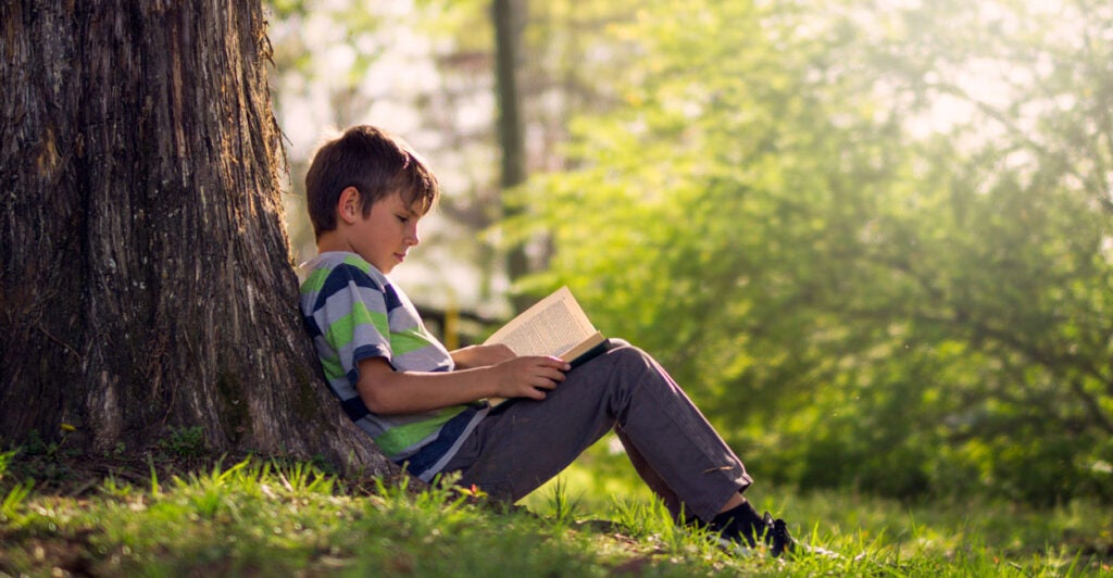 Boy sitting large tree reading.