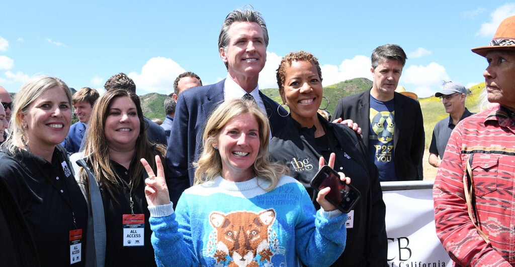 AGOURA HILLS, CALIFORNIA - APRIL 22: Regional Executive Director, National Wildlife Federation Beth Pratt and Governor of California Gavin Newsom during the Wallis Annenberg Wildlife Crossing Groundbreaking Celebration on April 22, 2022 in Agoura Hills, California. (Photo by Jon Kopaloff/Getty Images for The National Wildlife Foundation)