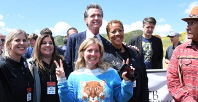 AGOURA HILLS, CALIFORNIA - APRIL 22: Regional Executive Director, National Wildlife Federation Beth Pratt and Governor of California Gavin Newsom during the Wallis Annenberg Wildlife Crossing Groundbreaking Celebration on April 22, 2022 in Agoura Hills, California. (Photo by Jon Kopaloff/Getty Images for The National Wildlife Foundation)