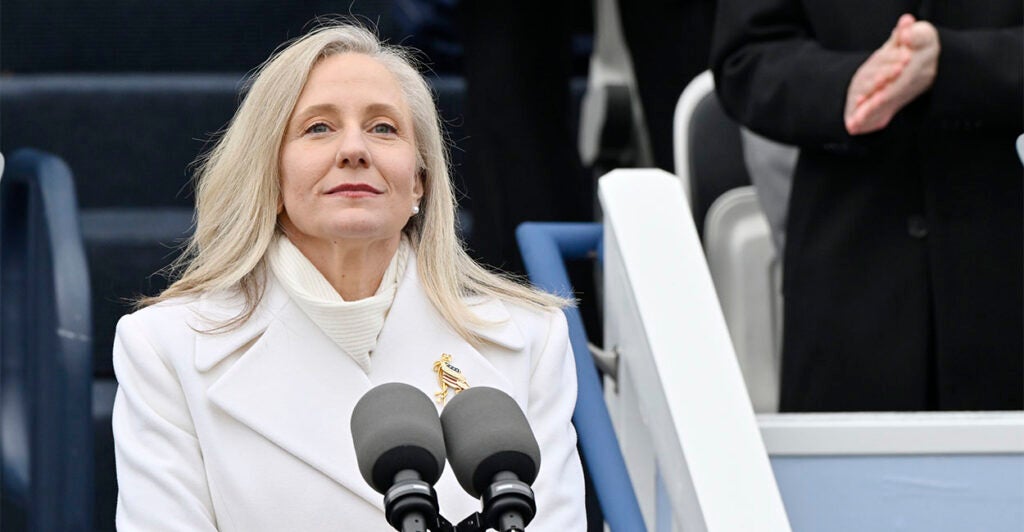 RICHMOND, VA - JANUARY 17: Abigail Spanberger is sworn in as Virginia's first woman and the 75th Governor of Virginia on on January 17, 2026 in Capitol Square Richmond, Virginia.(Photo by Marvin Joseph/The Washington Post via Getty Images)