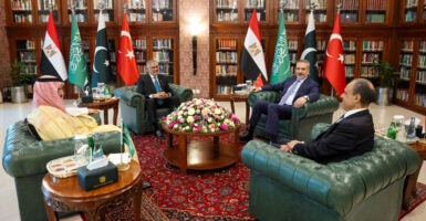 Foreign Ministers Badr Abdelatty of Egypt, Prince Faisal bin Farhan Al Saud of Saudi Arabia, Ishaq Dar of Pakistan and Hakan Fidan of Turkey meet to discuss regional de-escalation, amid the U.S.-Israel conflict with Iran, in Islamabad, Pakistan, March 29, 2026.