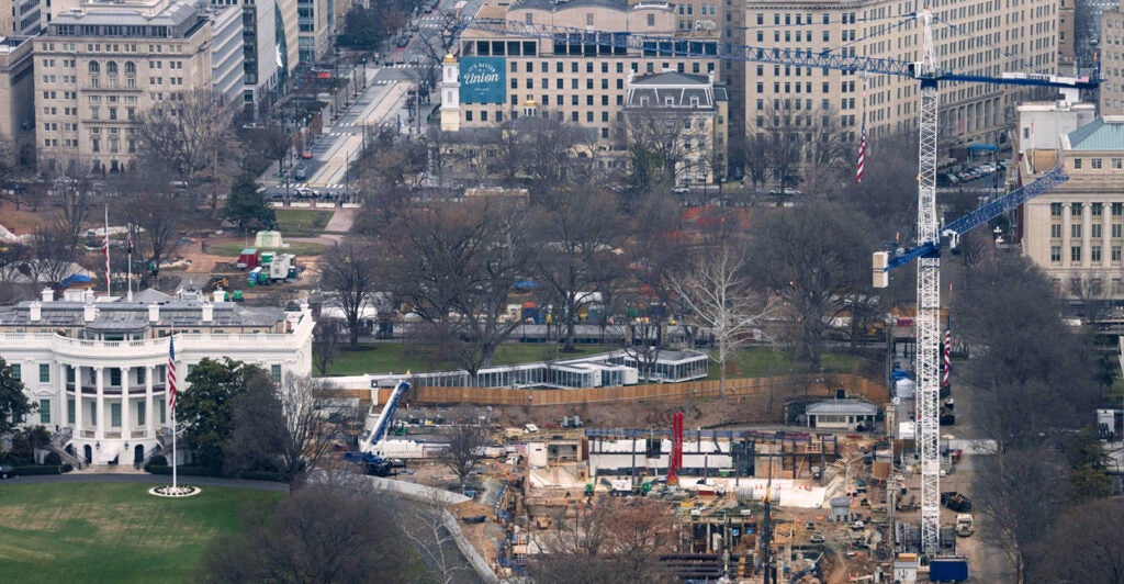 Overhead view of the White House and the massive construction of ballroom and military complex.