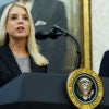 WASHINGTON, DC - OCTOBER 15: U.S. Attorney General Pam Bondi (L) speaks as U.S. President Donald Trump looks on during a press conference in the Oval Office of the White House on October 15, 2025 in Washington, DC. Trump and Federal Bureau of Investigation Director Kash Patel provided an update on the Trump administration’s progress in reducing violent crime. (Photo by Kevin Dietsch/Getty Images)
