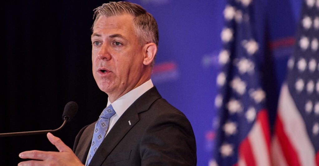 Sen. Jim Banks speaks at the National Conservatism Conference in Washington D.C., Sept. 3, 2025. (Photo by Dominic Gwinn / Middle East Images via AFP) (Photo by DOMINIC GWINN/Middle East Images/AFP via Getty Images)