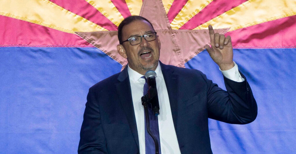 Arizona Secretary of State Adrian Fontes speaks during the Arizona Democratic Party's Election Night watch party at Hilton Phoenix Resort at the Peak in Phoenix, Arizona, on November 5, 2024. (Photo by Rebecca NOBLE / AFP) (Photo by REBECCA NOBLE/AFP via Getty Images)