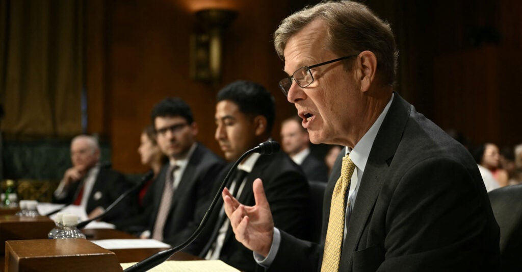 Peter Schweizer, president of the Government Accountability Institute, testifies during a Senate Judiciary Committee hearing on American birthright citizenship on Capitol Hill in Washington, DC, on March 10, 2026. (Photo by Brendan SMIALOWSKI / AFP via Getty Images)