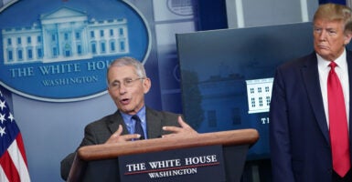 Director of the National Institute of Allergy and Infectious Diseases Anthony Fauci speaks as US President Donald Trump listens during the daily briefing on the novel coronavirus, which causes COVID-19, in the Brady Briefing Room at the White House on April 13, 2020, in Washington, DC. (Photo by MANDEL NGAN / AFP) (Photo by MANDEL NGAN/AFP via Getty Images)