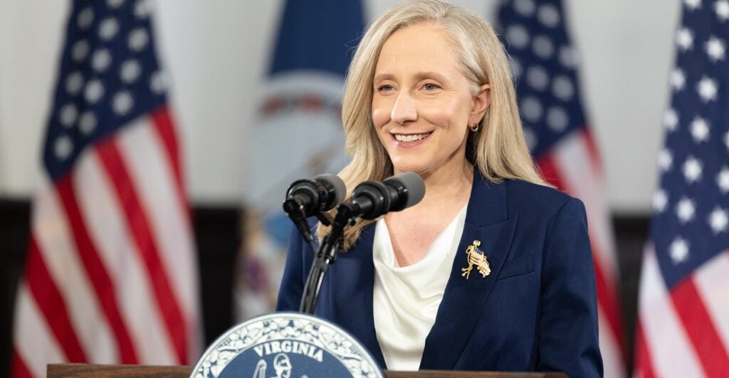 Va. Gov. Abigail Spanberger speaking at a podium