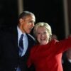 Barack Obama and Hillary Clinton waving