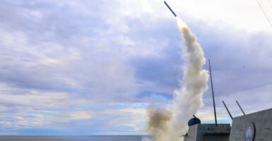 AT SEA, UNSPECIFIED - MARCH 1: (EDITOR'S NOTE: This Handout image was provided by a third-party organization and may not adhere to Getty Images' editorial policy.) In this U.S. Navy released handout, Arleigh Burke-class guided-missile destroyer USS Thomas Hudner (DDG 116) fires a Tomahawk land attack missile in support of Operation Epic Fury, on March 1, 2026 at Sea. Iran's Supreme Leader, Ayatollah Ali Khamenei, was confirmed killed after the United States and Israel launched a joint attack on Iran on February 28. Iran retaliated by firing waves of missiles and drones at Israel, and targeting U.S. allies in the region. (Photo by U.S. Navy via Getty Images)
