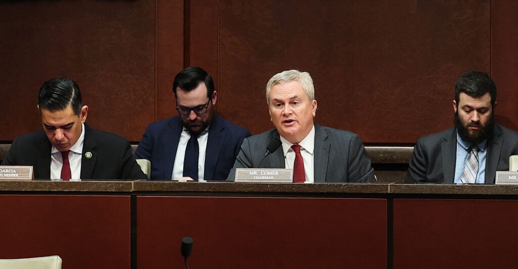 WASHINGTON, DC - MARCH 04: Chairman Rep. James Comer (R-KY) (C) speaks during a House Oversight and Government Reform Committee hearing in the U.S. Capitol Building on March 04, 2026 in Washington, DC. The committee held the hearing to examine the alleged misuse of federal funds intended for Minnesota social services and Medicaid programs. (Photo by Anna Moneymaker/Getty Images)