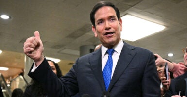 Secretary of State Marco Rubio speaks to reporters in the Capitol.