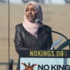 Rep. Ilhan Omar speaks onstage at No Kings Rally on March 28, 2026 in St. Paul, Minnesota.