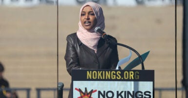 Rep. Ilhan Omar speaks onstage at No Kings Rally on March 28, 2026 in St. Paul, Minnesota.