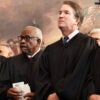 (From L-R) US Associate Supreme Court Justices Samuel Alito, Jr., Clarence Thomas and Brett Kavanaugh and U.S. Supreme Court Chief Justice John Roberts look on during inauguration ceremonies in the Rotunda of the U.S. Capitol on January 20, 2025 in Washington, DC. Donald Trump takes office for his second term as the 47th president of the United States. (Photo by Chip Somodevilla / POOL / AFP via Getty Images)