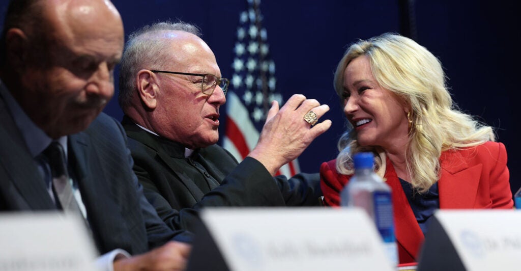 Archbishop of New York Cardinal Timothy Dolan and Pastor Paula White-Cain participate in the White House Religious Liberties Commission meeting at the Museum of the Bible September 8, 2025 in Washington, DC.
