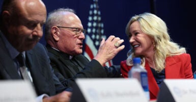 Archbishop of New York Cardinal Timothy Dolan and Pastor Paula White-Cain participate in the White House Religious Liberties Commission meeting at the Museum of the Bible September 8, 2025 in Washington, DC.