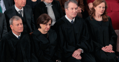 WASHINGTON, DC - FEBRUARY 24: Supreme Court Chief Justice John Roberts, Associate Justice Elena Kagan, Associate Justice Brett Kavanaugh and Associate Justice Amy Coney Barrett attend the State of the Union address during a Joint Session of Congress at the U.S. Capitol on February 24, 2026, in Washington, DC. Trump delivered his address days after the Supreme Court struck down the administration's tariff strategy and amid a U.S. military buildup in the Persian Gulf threatening Iran. (Photo by Chip Somodevilla/Getty Images)