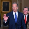 US Senate Majority Leader John Thune, Republican of South Dakota, speaks to the press after a weekly policy luncheon at the US Capitol in Washington, DC, on March 17, 2026.