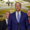 U.S. Senate Majority Leader Sen. John Thune (R-SD) (C) speaks as (L-R) Sen. Tom Cotton (R-AR), Sen. James Lankford (R-OK), Senate Majority Whip Sen. John Barrasso (R-WY) and Sen. Shelley Moore Capito (R-WV) listen during a news briefing.