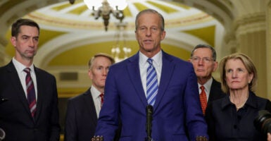 U.S. Senate Majority Leader Sen. John Thune (R-SD) (C) speaks as (L-R) Sen. Tom Cotton (R-AR), Sen. James Lankford (R-OK), Senate Majority Whip Sen. John Barrasso (R-WY) and Sen. Shelley Moore Capito (R-WV) listen during a news briefing.