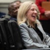RICHMOND, VIRGINIA - MARCH 02: Gov. Abigail Spanberger laughs during the investiture ceremony of Chief Justice Cleo E. Powell in the chamber of the Supreme Court of Virginia, on March 2, 2026 in Richmond, Virginia. Powell is the first African-American woman Chief Justice of the Virginia Supreme Court. (Photo by Mike Kropf-Pool/Getty Images)