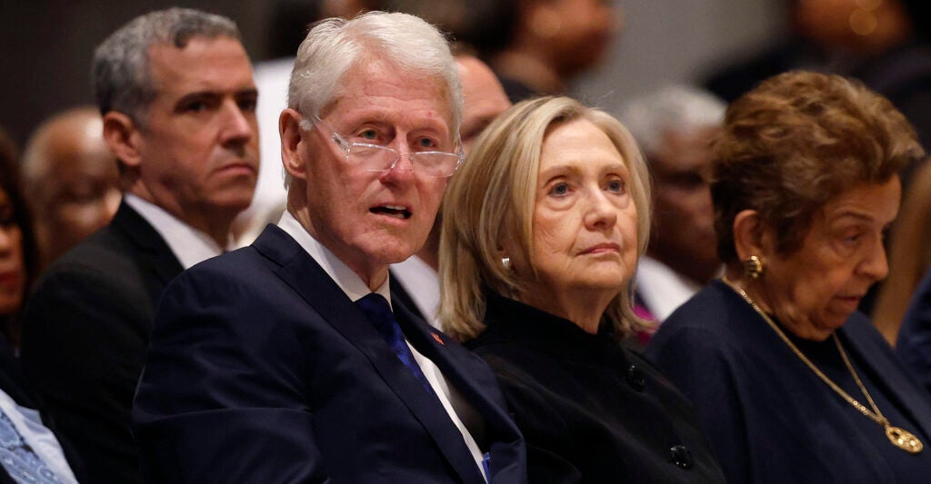 WASHINGTON, DC - MAY 14: Former U.S. President Bill Clinton and former U.S. Secretary of State Hillary Clinton attend the funeral service of former Labor Secretary Alexis Herman at the National Cathedral on May 14, 2025 in Washington, DC. Alexis Herman served as the 23rd Secretary of Labor from 1997 to 2001 under President Clinton and was the first Black woman to hold the position. (Photo by Kevin Dietsch/Getty Images)