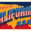 Greetings from California USA. Retro style postcard with patriotic stars and stripes lettering and United States map in the background.