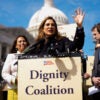 Rep. Maria Elvira Salazar (R-FL) (C), accompanied by Rep. Veronica Escobar (D-TX) (C-L), speaks at a Dignity Coalition news conference on Capitol Hill.