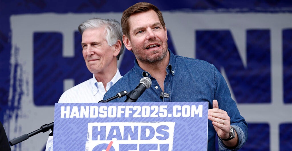 WASHINGTON, DC - APRIL 05: Rep. Eric Swalwell (D-CA) speaks during the Hands Off! day of action against the Trump administration and Elon Musk on April 05, 2025 in Washington, DC. (Photo by Paul Morigi/Getty Images for Community Change Action)