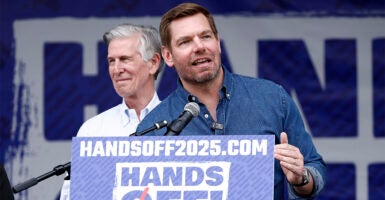 WASHINGTON, DC - APRIL 05: Rep. Eric Swalwell (D-CA) speaks during the Hands Off! day of action against the Trump administration and Elon Musk on April 05, 2025 in Washington, DC. (Photo by Paul Morigi/Getty Images for Community Change Action)
