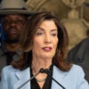 NEW YORK, UNITED STATES - 2026/04/15: Governor Kathy Hochul speaks at Governor office in New York as she announced proposal for state budget to include safety barriers around places where people congregate to pray as well as pied-à-terre tax on luxury secondary homes in New York City valued at $5 million or more. (Photo by Lev Radin/Pacific Press/LightRocket via Getty Images)