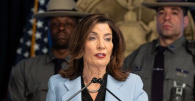 NEW YORK, UNITED STATES - 2026/04/15: Governor Kathy Hochul speaks at Governor office in New York as she announced proposal for state budget to include safety barriers around places where people congregate to pray as well as pied-à-terre tax on luxury secondary homes in New York City valued at $5 million or more. (Photo by Lev Radin/Pacific Press/LightRocket via Getty Images)