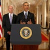 Then-President Barack Obama speaks to the nation from behind a podium, with Vice President Joe Biden behind him.