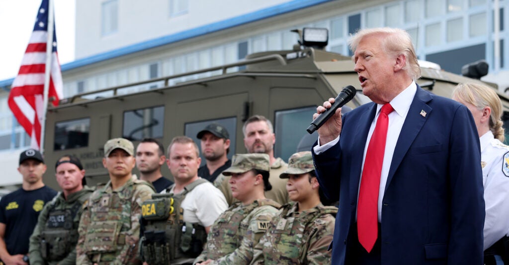 WASHINGTON, DC - AUGUST 21: U.S. President Donald Trump visits the U.S. Park Police Anacostia Operations Facility on August 21, 2025 in Washington, DC. The Trump administration has deployed federal officers and the National Guard to the District in order to place the DC Metropolitan Police Department under federal control and assist in crime prevention in the nation's capital. (Photo by Anna Moneymaker/Getty Images)