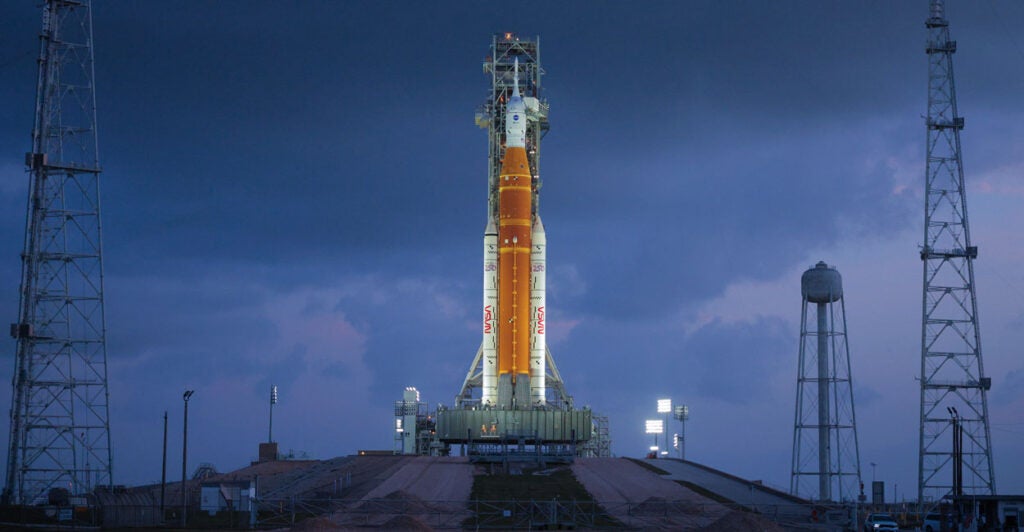 MARCH 31: NASA's 322-foot-tall Artemis II Space Launch System rocket and Orion spacecraft.