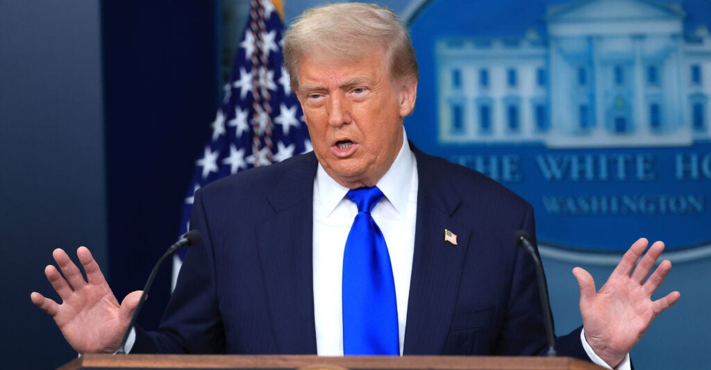 WASHINGTON, DC - JUNE 27: U.S. President Donald Trump answers questions during a press conference on recent Supreme Court rulings in the briefing room at the White House on June 27, 2025 in Washington, DC. The Supreme Court ruled 6-3 that individual judges cannot grant nationwide injunctions to block executive orders, including the injunction on President Trump’s effort to eliminate birthright citizenship in the U.S. The justices did not rule on Trump’s order to end birthright citizenship but stopped his order from taking effect for 30 days. (Photo by Joe Raedle/Getty Images)
