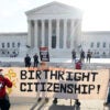 WASHINGTON, DC - APRIL 01: People demonstrate outside the U.S. Supreme Court ahead of U.S. President Donald Trump's expected arrival on April 01, 2026 in Washington, DC. The Supreme Court is hearing oral arguments in Trump v. Barbara to determine if President Trump's executive order ending birthright citizenship is constitutional. According to historians and the Court, this is the first time a sitting president has attended oral arguments at the nation's highest court. (Photo by Al Drago/Getty Images)