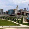 A view of the Cincinnati skyline and John A. Roebling bridge.
