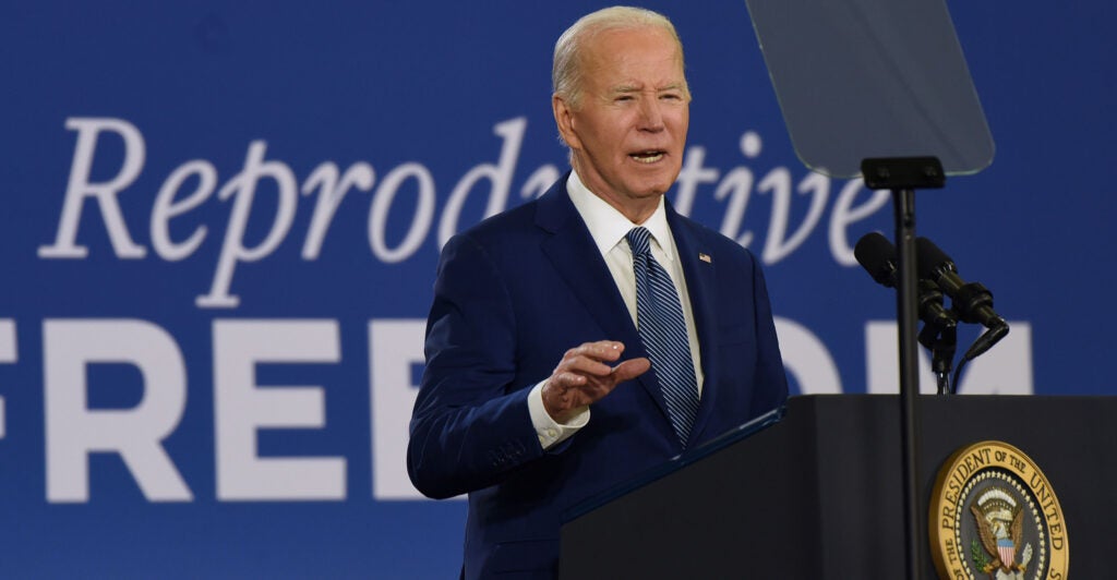 TAMPA, FLORIDA, UNITED STATES - APRIL 23: U.S. President Joe Biden speaks at a reproductive freedom event at Hillsborough Community College on April 23, 2024 in Tampa, Florida. Biden expressed his administration's opposition to Florida's six-week abortion ban signed by Gov. Ron DeSantis that is set to take effect on May 1. (Photo by Paul Hennessy/Anadolu via Getty Images)