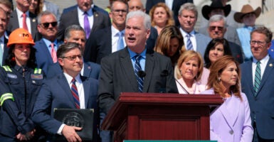 House Majority Whip Tom Emmer (R-MN) speaks alongside House Republican leadership during a news conference on the steps of the U.S. Capitol on April 15, 2026.