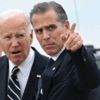 President Joe Biden talks with his son Hunter Biden upon arrival at Delaware Air National Guard Base in New Castle, Delaware, on June 11, 2024, as he travels to Wilmington, Delaware. A jury found Hunter Biden guilty on June 11 on federal gun charges in a historic first criminal prosecution of the child of a sitting US president. The 54-year-old son of President Joe Biden was convicted on all three of the federal charges facing him, CNN and other US media reported. (Photo by ANDREW CABALLERO-REYNOLDS / AFP) (Photo by ANDREW CABALLERO-REYNOLDS/AFP via Getty Images)