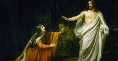 A painting of the risen Christ holding his hand up to Mary Magdalen