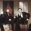 A panting of Abraham Lincoln and three other men, all seated.