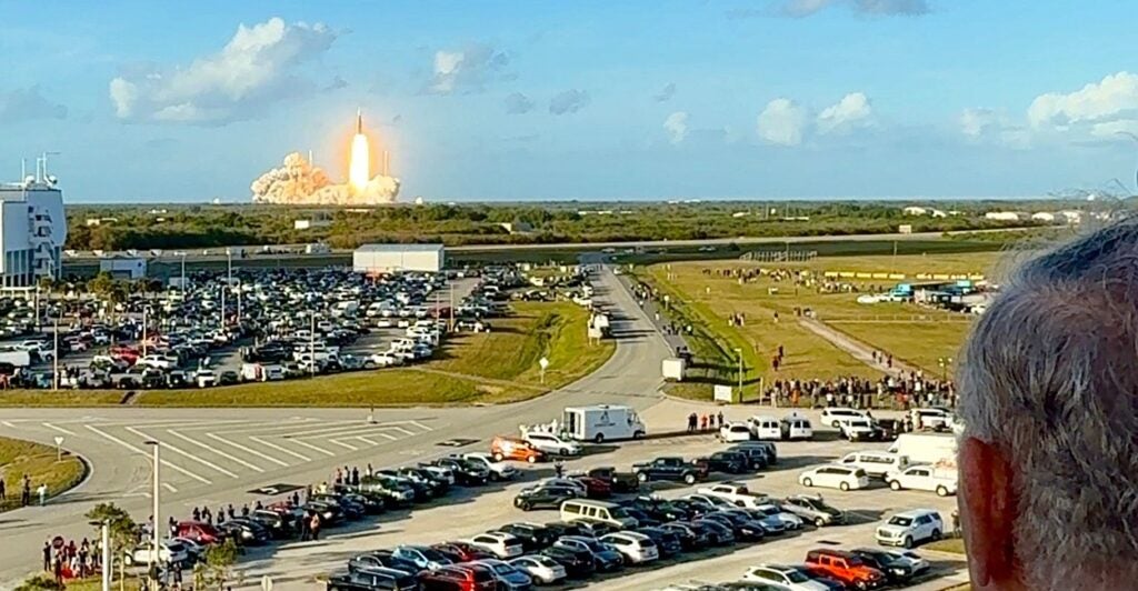 Rep. Jim Baird, R-Ind., watches the Artemis II takeoff
