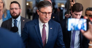Speaker of the House Mike Johnson speaks to reporters in the capitol.