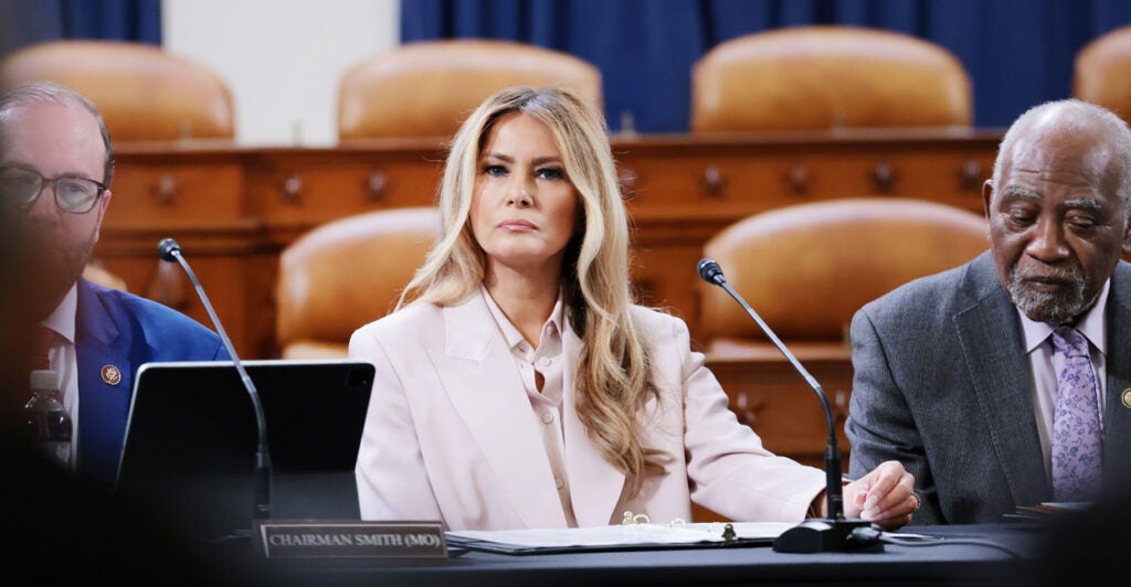 House Ways and Means Committee Chairman Rep. Jason Smith (R-MO), U.S. First lady Melania Trump and Rep. Danny Davis (D-IL) preside over a roundtable discussion on foster care on April 15, 2026.