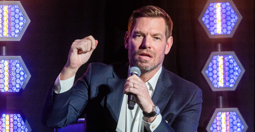 Eric Swalwell speaks at a California governor's race rally.