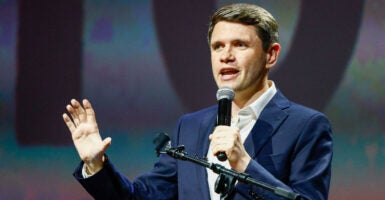 James Talarico speaks at a campaign event.