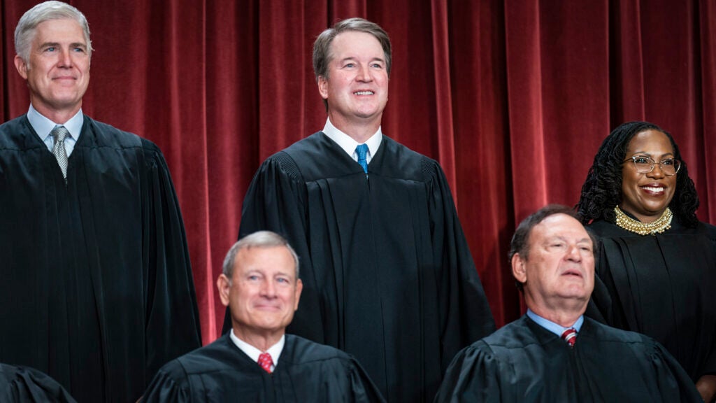 Washington, DC - October 7 : Members of the Supreme Court sit for a group photo following the recent addition of Associate Justice Ketanji Brown Jackson, at the Supreme Court building on Capitol Hill on Friday, Oct 07, 2022 in Washington, DC. Bottom row, from left, Chief Justice of the United States John Roberts, Associate Justice Samuel Alito. Top row, from left, Associate Justice Neil Gorsuch, Associate Justice Brett Kavanaugh, and Associate Justice Ketanji Brown Jackson. (Photo by Jabin Botsford/The Washington Post via Getty Images)